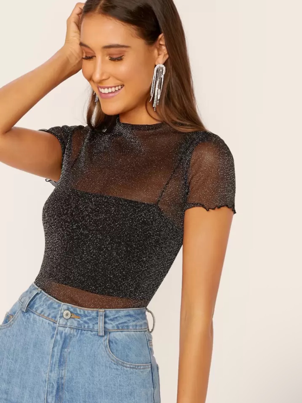 Black Shimmer Mesh Short Sleeve Crop Top